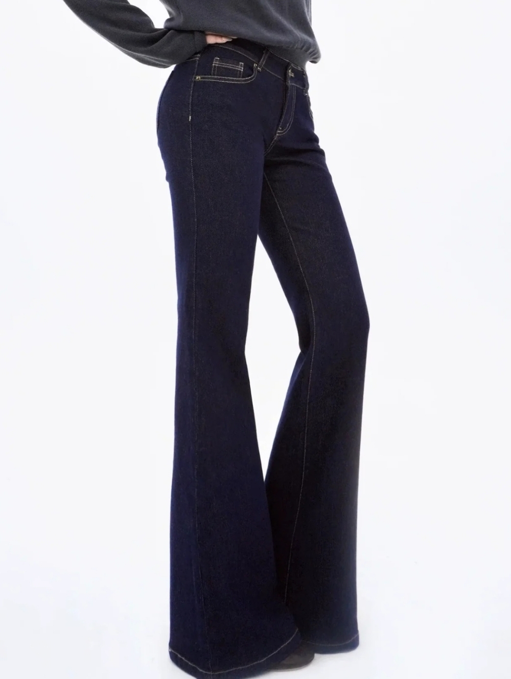 Jim Kenneth Dark Wash Contrast Stitch Flares Low-rise Jeans